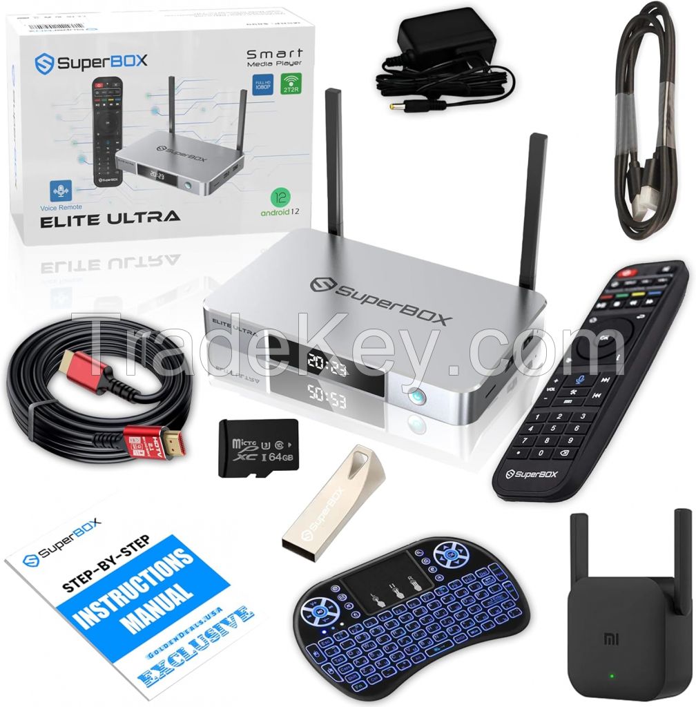 BUY 2 GET 1 FREE 2024 Elite-Ultra Bundle 6KTV Box with 8K HDMI Cable, 64GB TF Card, 64GB USB Drive, 300Mbps WiFi Extender, Backlit Keyboard, Voice Remote, Easy Setup Guide - 12, 4GB RAM, 128GB Storage