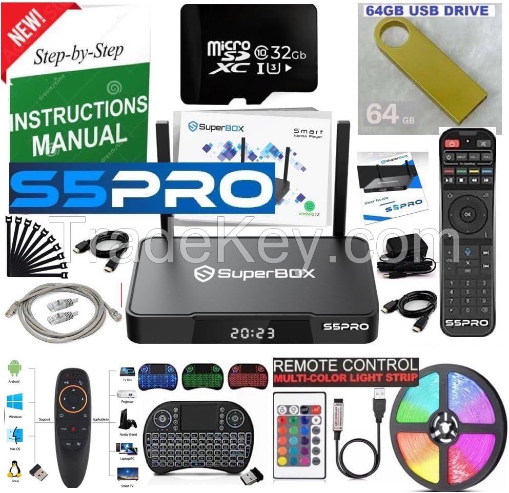 BUY 2 GET 1 FREE New Super, S 5 P R O, Bundle Box, 2024 Model, 1 Voice and 1 Full Keyboard Remote, 1 HDMI, Tf Card, Memory Stick, LED Light Strip (Install Instructions by Seller, Phone Support)., black