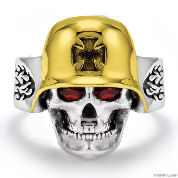 Cool Stainless Steel Gold-Plated Iron Cross German Helmet Skull Ring