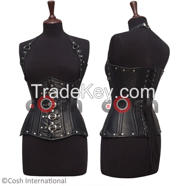 Ci-9797 Black Leather Steel Boned Curvy Underbust Halter Corset