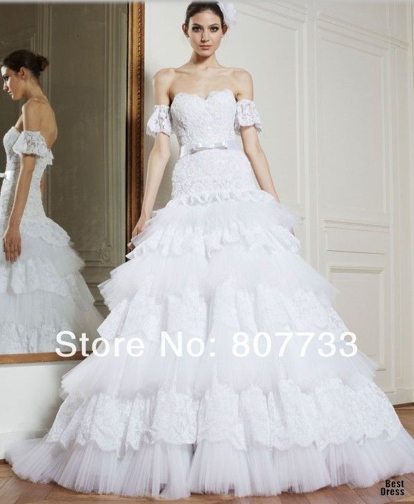 HY128 Adorable A line sweetheart removable short sleeve layered lace and tulle wedding dresses 2014 bridal