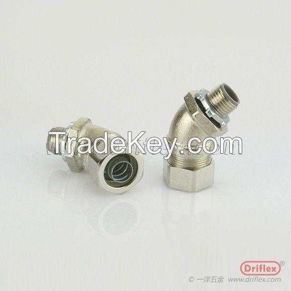 Nickel Plated Brass  45 degree Connector with Locknut Ferrules for Flexible Bare Metal or PVC Coated Conduit