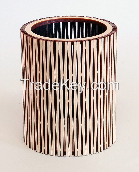 Laser cut wooden cylindrical writing utensil holder 