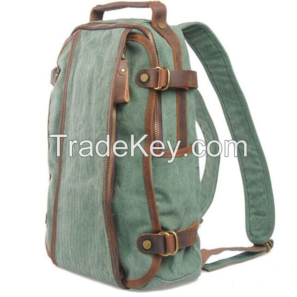 canvas high school college backpack bag with genuine leather