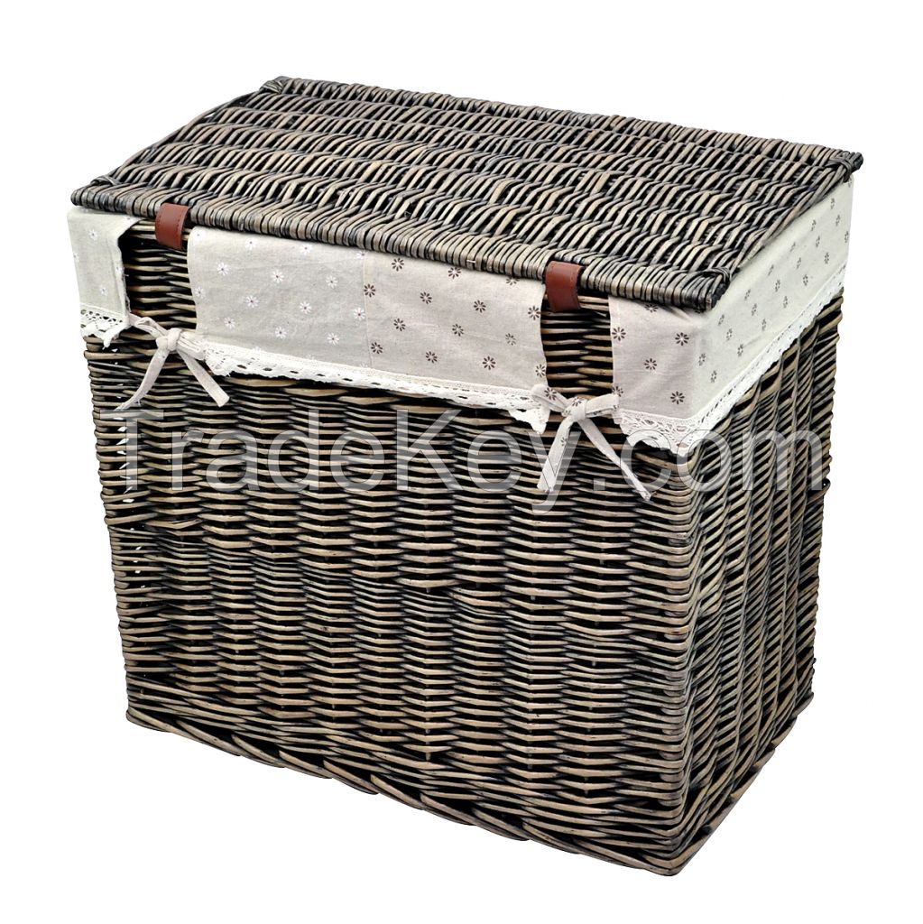 I WILL Rectangle Wicker Hand-woven Family Size Divided Double Laundry Hamper with Cotton Liner and Lid (Gray-black, Coffee, Honey Brown)