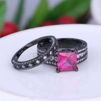 925 Silver Sterling Black Ring Set red ruby gemstone and CZ rings