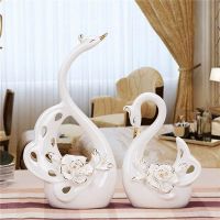 Pair of White Swan Porcelain Figurines for Home Decoration and Weddings