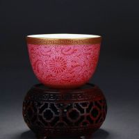 High Quality Handmade Carmine Red Glaze Porcelain Tea Cup With 24K Gold Outline