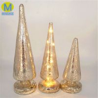 Lighted Silver glass christmas tree, christmas tree figurine set with led light