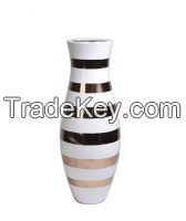 18" tall vase, white with gold stripes 