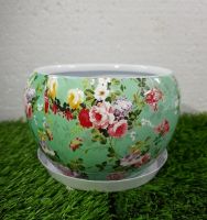 Floral Metal Planter With White Plate