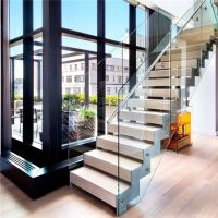 China Stair Glass Railing U Slot Double Stringer Wood Treads Straight Staircase