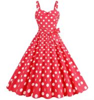 New women&#039;s retro summer dress with satin ribbon, square collar, polka dot printed suspender