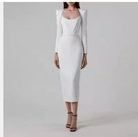 New style long-sleeved high-waisted belt midi dress, fashionable back split elegant women&#039;s clothing