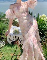 OffÃ¢ï¿½ï¿½Shoulder Floral Print Chiffon Midi