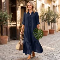 S-5XL Women's Cotton Maxi Dress 2026 Summer Spring Asymmetric Hem Loose Fit Casual Button Beach Daily Wear Long Shirt Dress