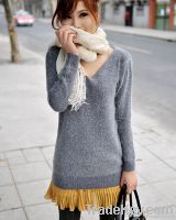 Women Button Back Rabbit Hair V Neck Long Sweater