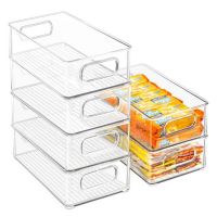 Stackable Refrigerator Organizer Bin Clear Kitchen Organizer Container Bins with Handles for Pantry, Cabinets, Shelves, Drawer, Freezer