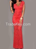 Red Deep V Neck Open Back Lace Dress